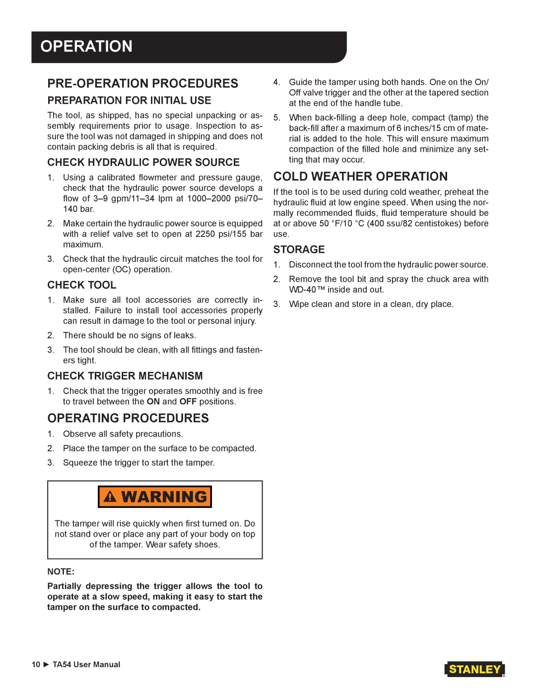 Stanley Black & Decker TA54 user manual Operation, PRE-OPERATION Procedures 