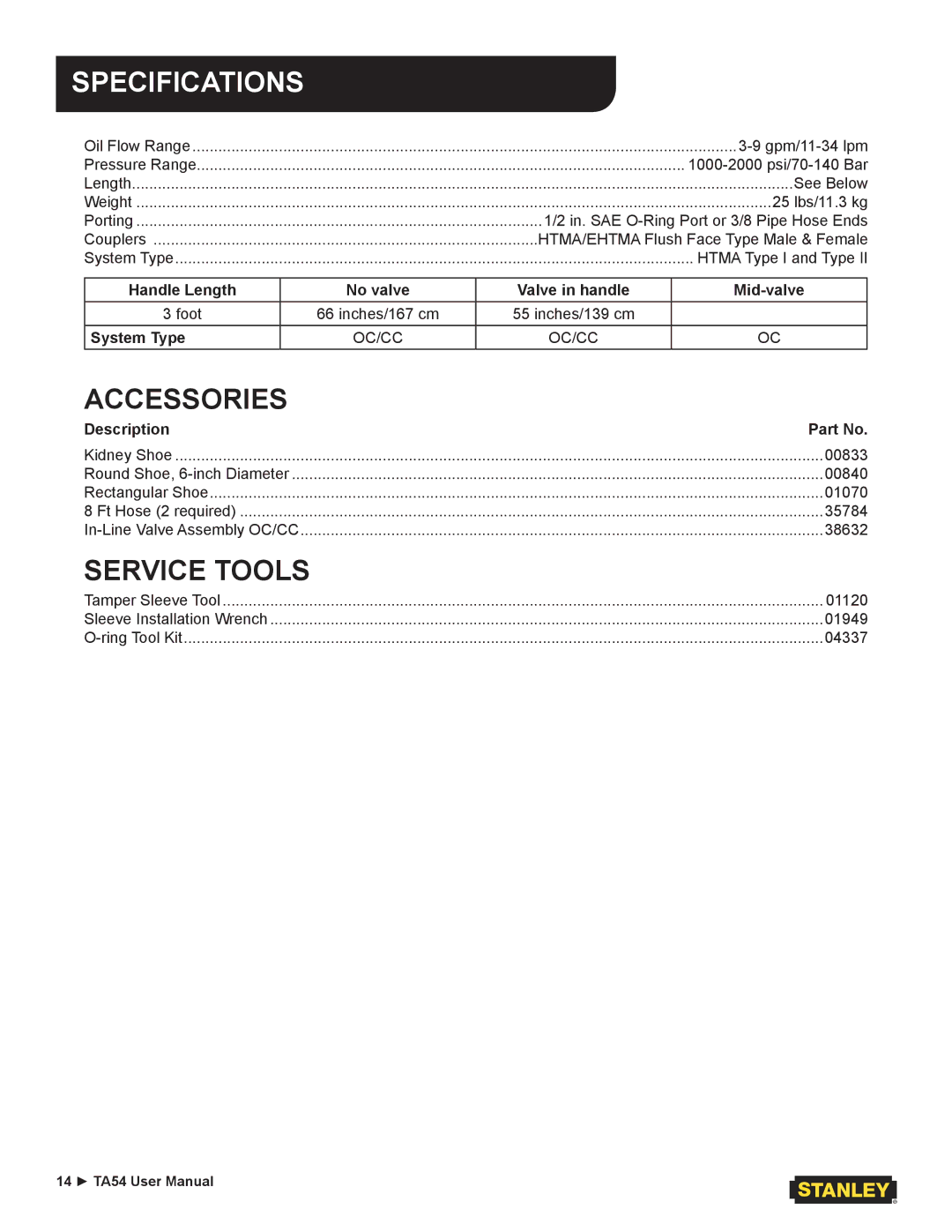 Stanley Black & Decker TA54 user manual Specifications, Accessories 