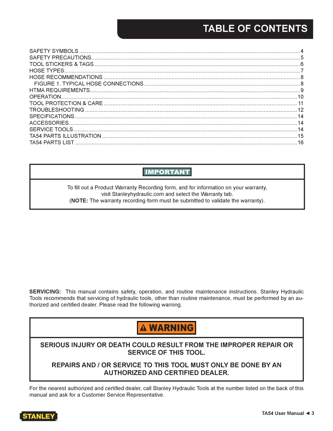 Stanley Black & Decker TA54 user manual Table of Contents 