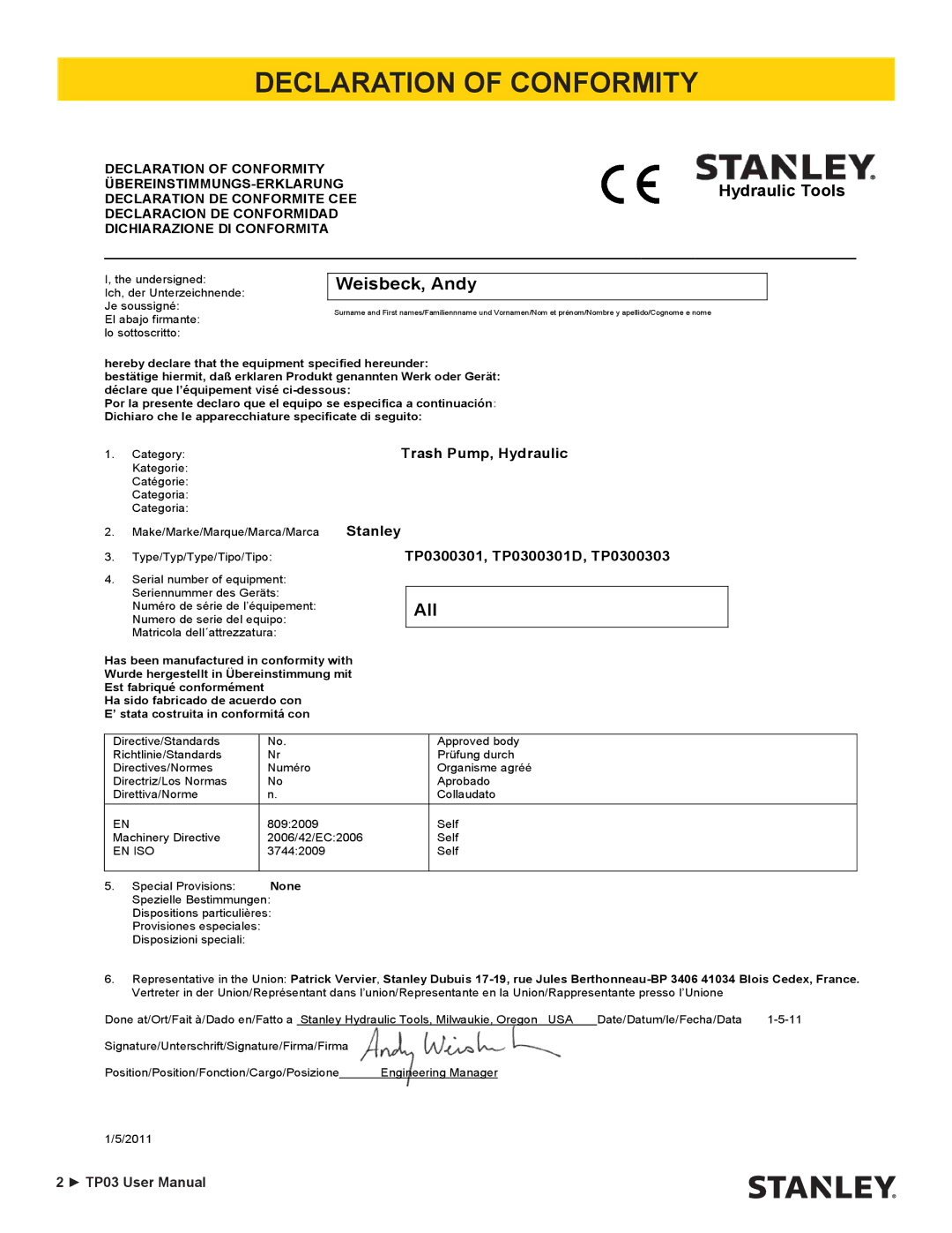 Stanley Black & Decker TP03 user manual Declaration of Conformity, Weisbeck, Andy 