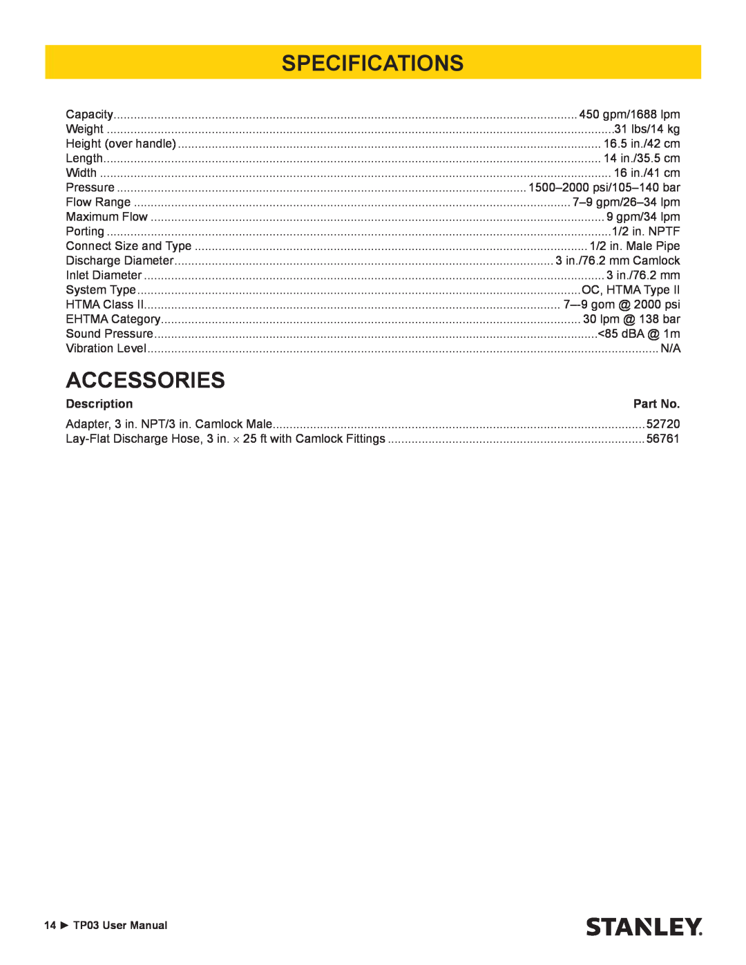 Stanley Black & Decker TP03 user manual Specifications, Accessories, Description 