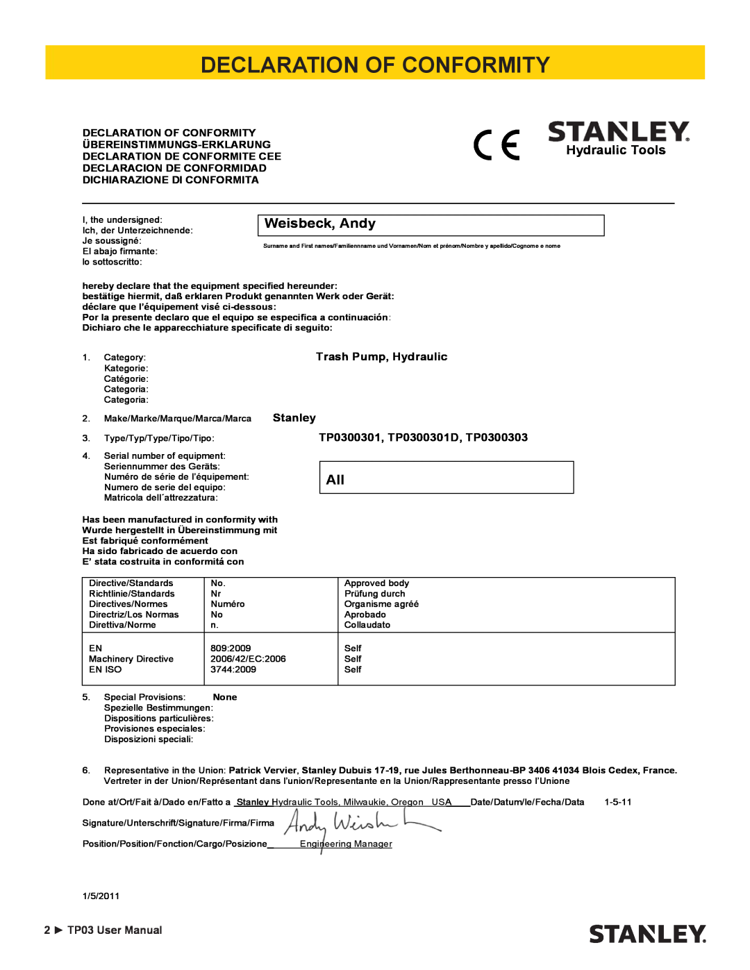 Stanley Black & Decker TP03 user manual Declaration Of Conformity, Weisbeck, Andy, Trash Pump, Hydraulic, Stanley 