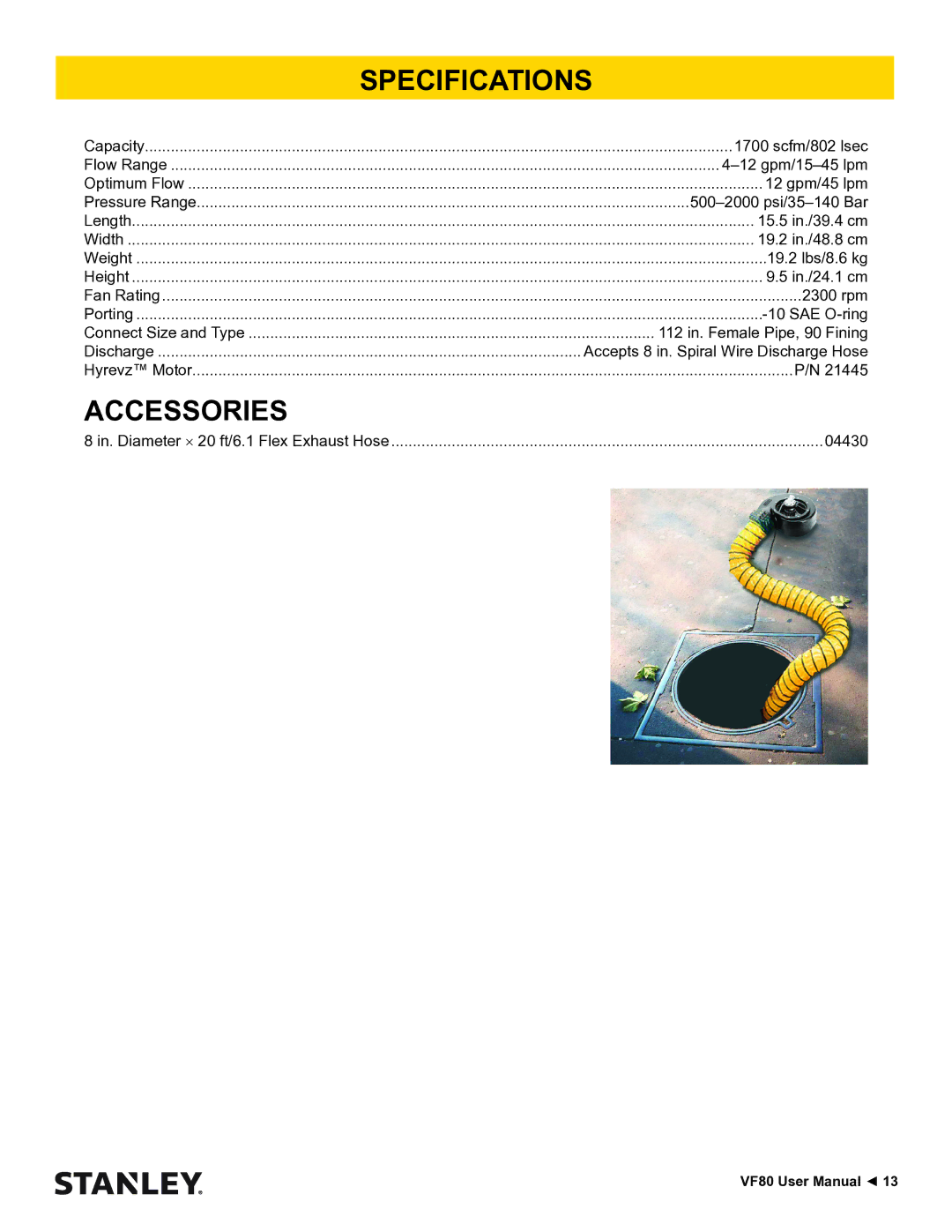 Stanley Black & Decker VF80 user manual Specifications, Accessories 