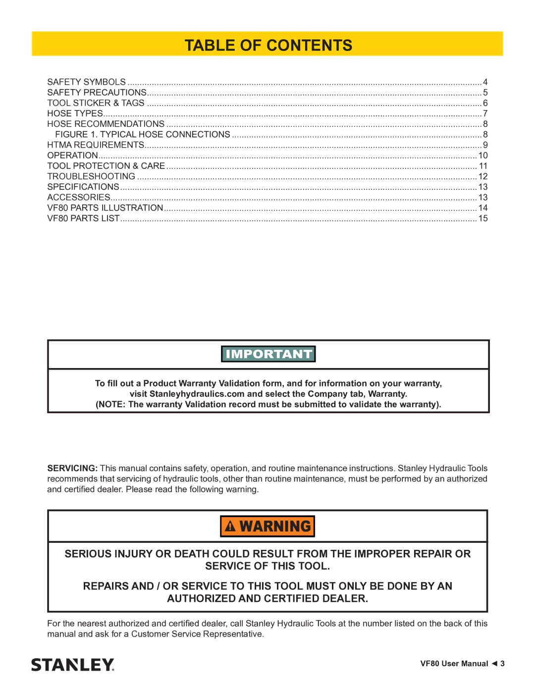 Stanley Black & Decker VF80 user manual Table of Contents 