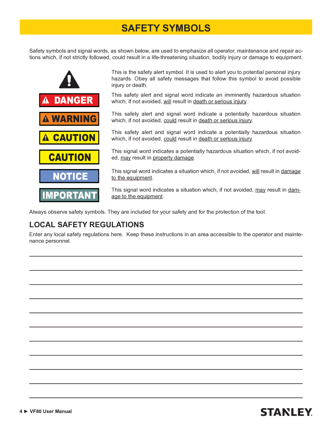 Stanley Black & Decker VF80 user manual Safety Symbols, Local Safety Regulations 