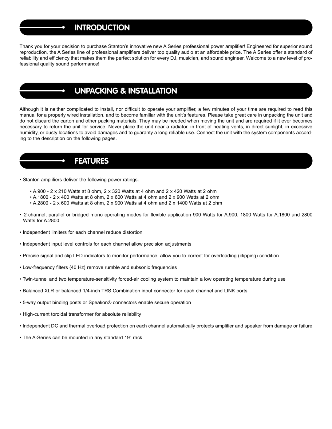 Stanton A.1800, A.900, A.2800 user manual Introduction, Unpacking & Installation, Features 