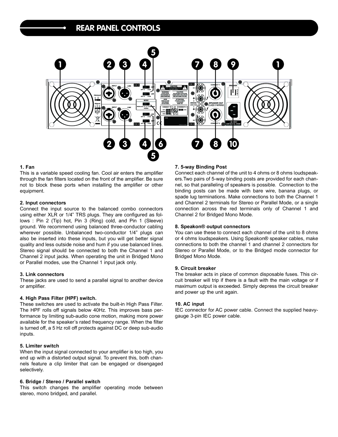 Stanton A.2800, A.1800, A.900 user manual Rear Panel Controls 