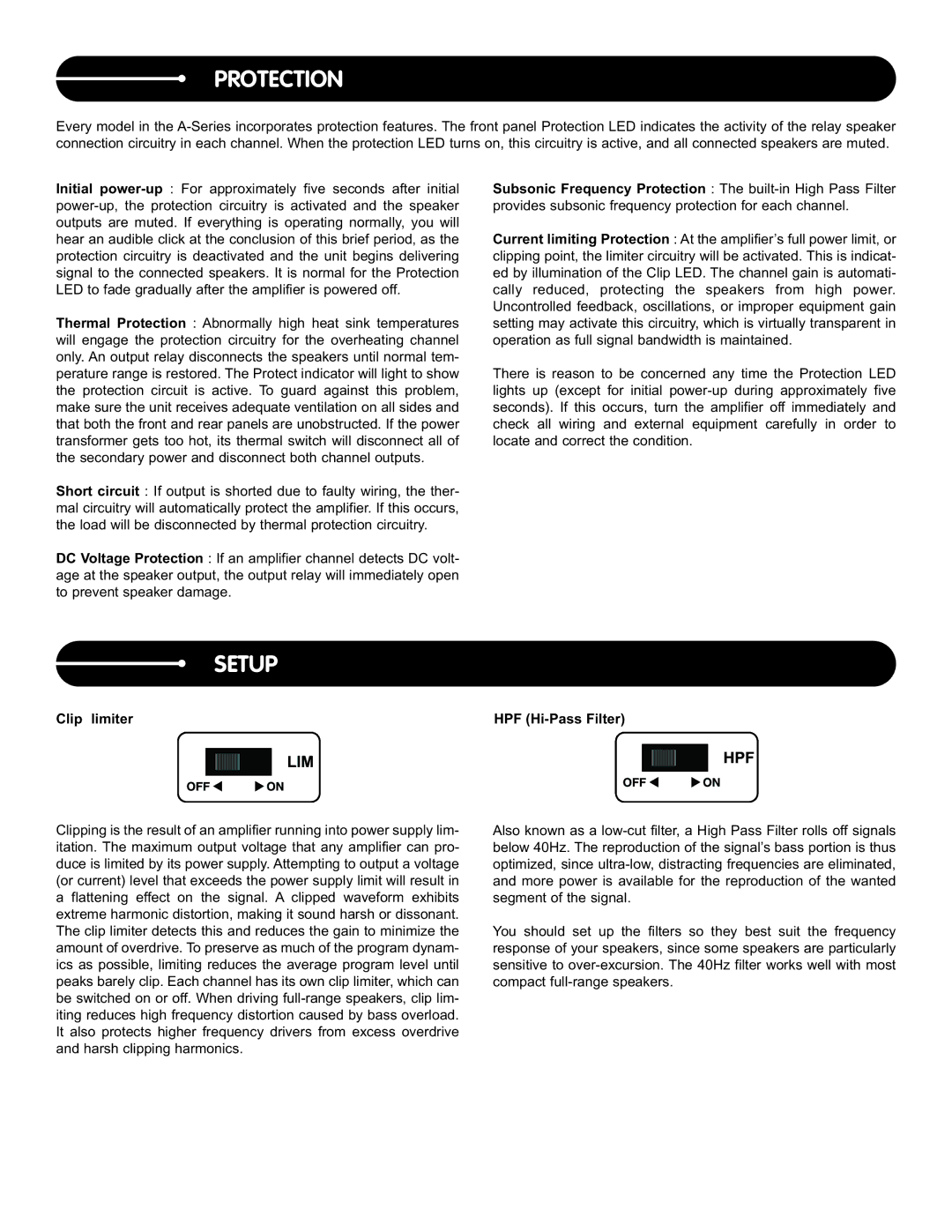 Stanton A.1800, A.900, A.2800 user manual Protection, Setup, Clip limiter HPF Hi-Pass Filter 