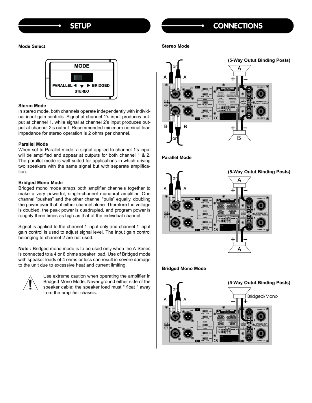 Stanton A.900, A.1800, A.2800 user manual Mode Select Stereo Mode, Parallel Mode, Bridged Mono Mode 