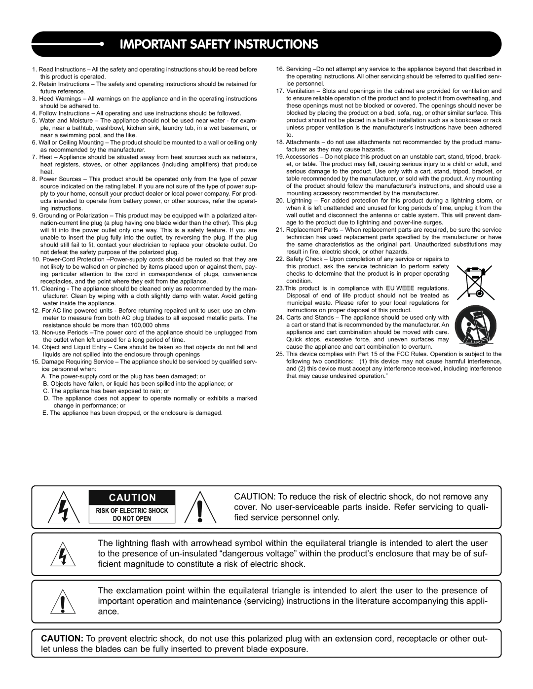 Stanton A.2800, A.1800, A.900 user manual Important Safety Instructions 