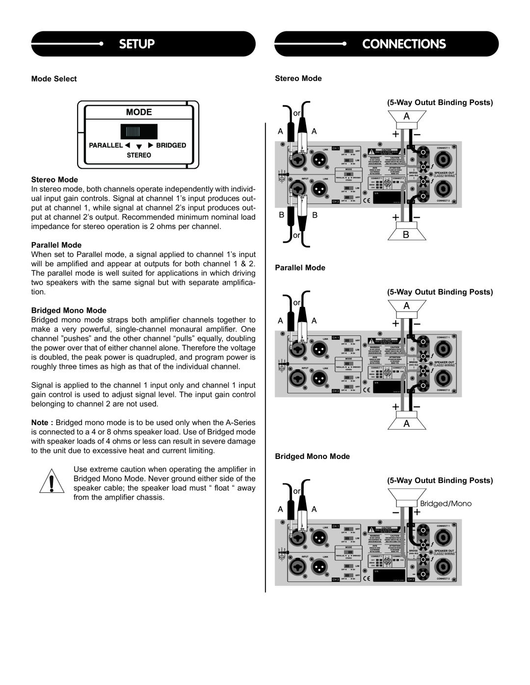 Stanton A.900, A.1800, A.2800 user manual Setup, Connections, Mode Select Stereo Mode, Parallel Mode, Bridged Mono Mode 