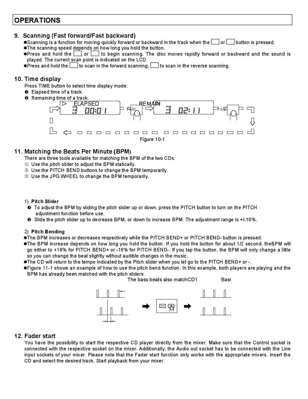 Stanton C-500 user manual Scanning Fast forward/Fast backward, Time display, Matching the Beats Per Minute BPM, Fader start 