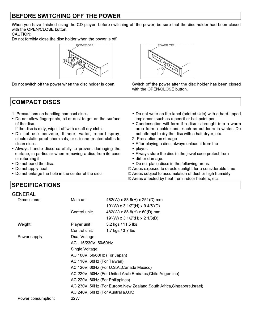 Stanton C-500 user manual Before Switching OFF the Power, Compact Discs, Specifications 