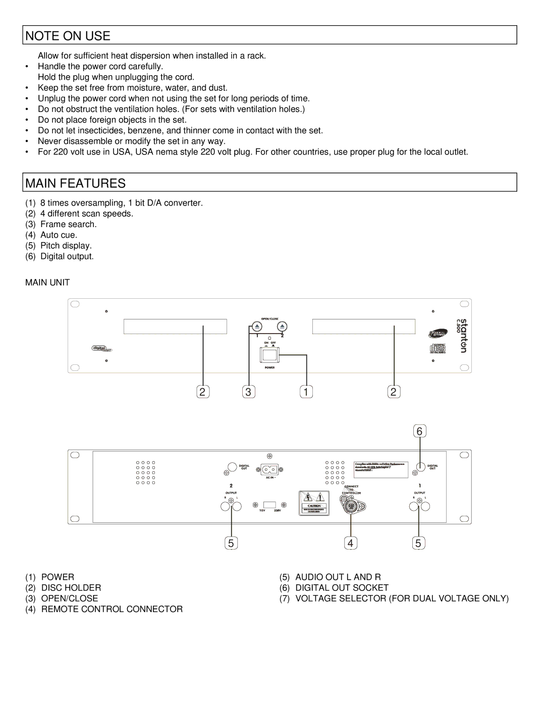 Stanton C-500 user manual Main Features 