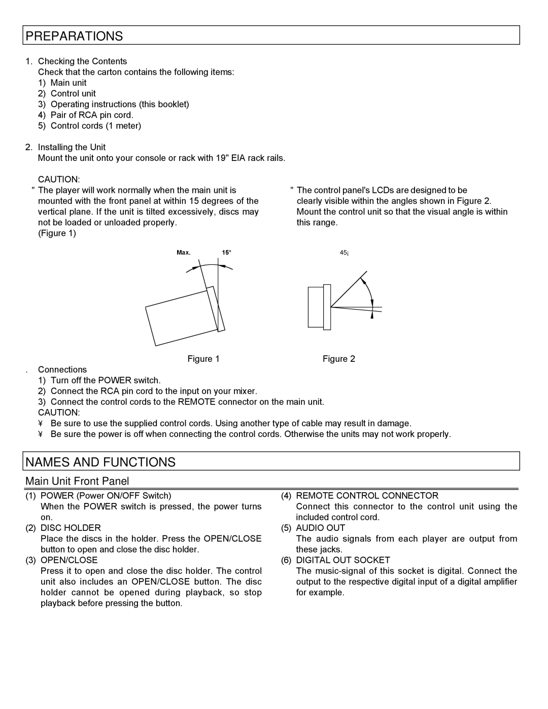 Stanton C-500 user manual Preparations, Names and Functions, Main Unit Front Panel 