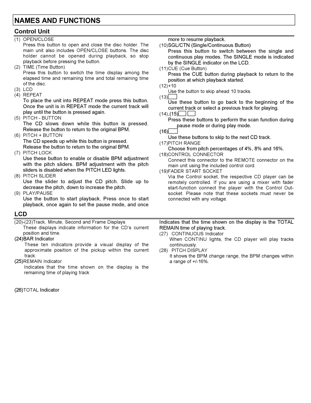 Stanton C-500 user manual Control Unit, Open/Close 