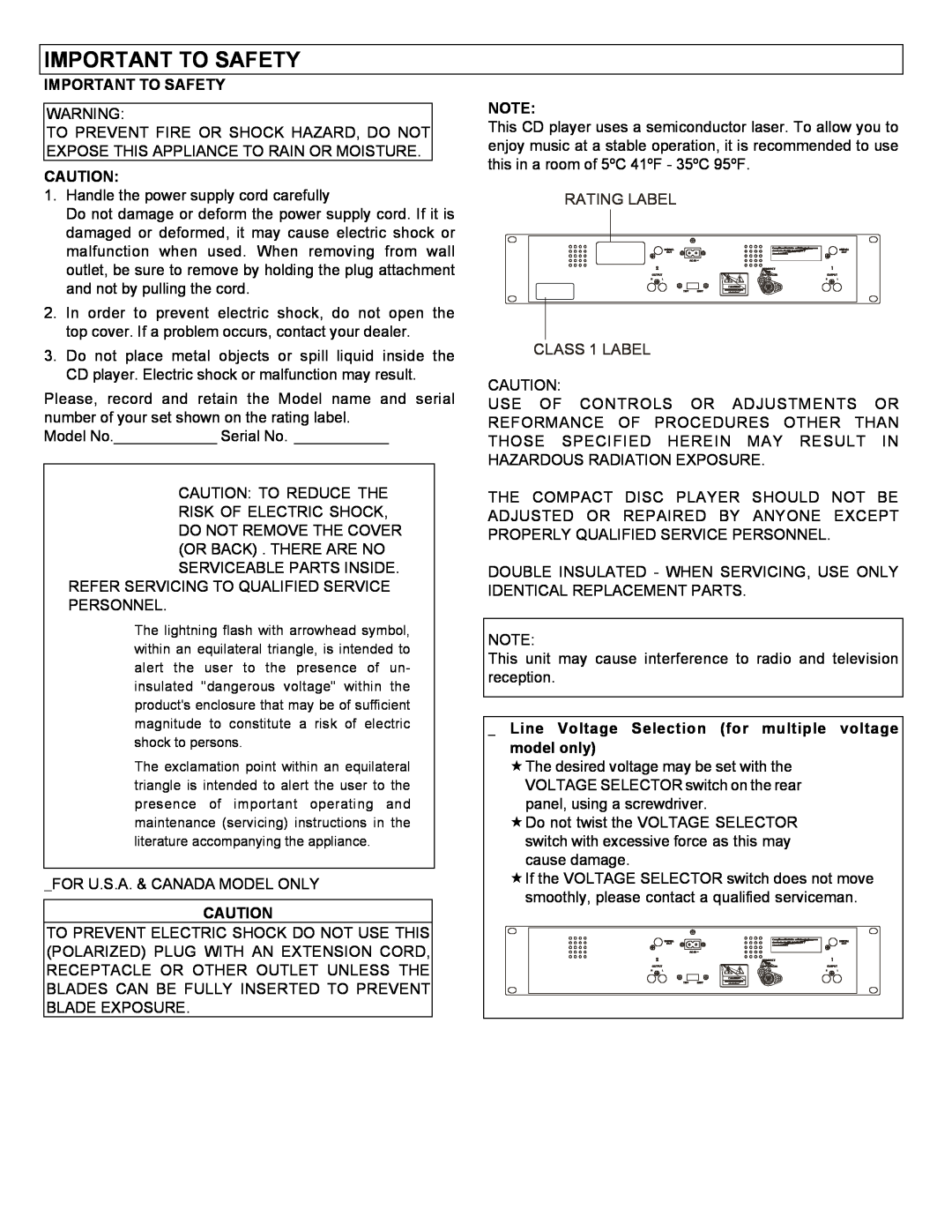 Stanton C-500 user manual Important To Safety, RATING LABEL CLASS 1 LABEL 
