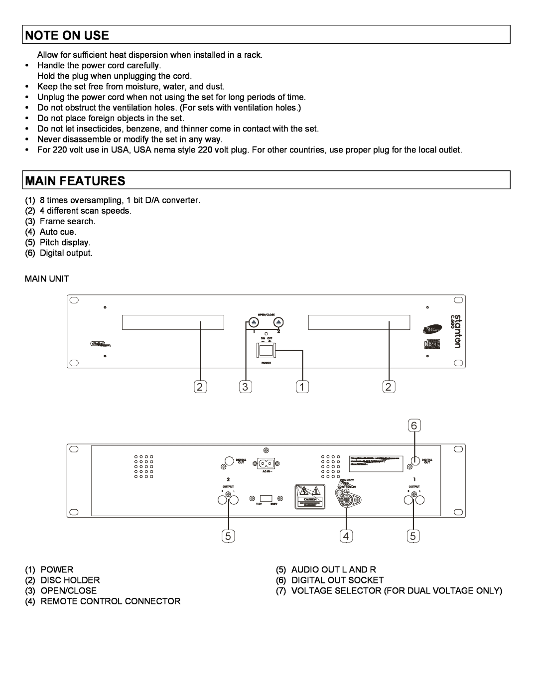 Stanton C-500 user manual Note On Use, Main Features 
