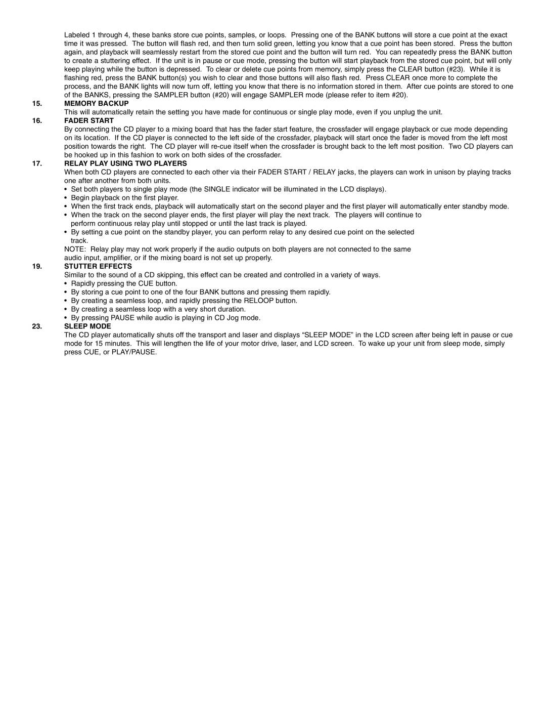 Stanton C.303 manual Memory Backup, Fader Start, Relay Play Using TWO Players, Stutter Effects, Sleep Mode 