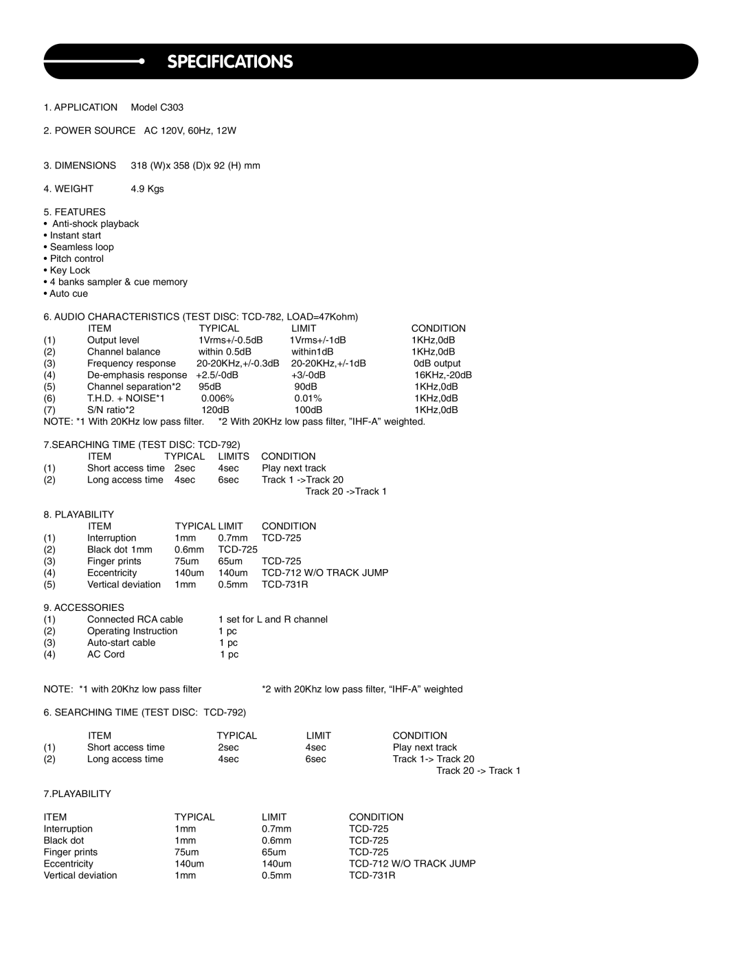 Stanton C.303 manual Specifications 