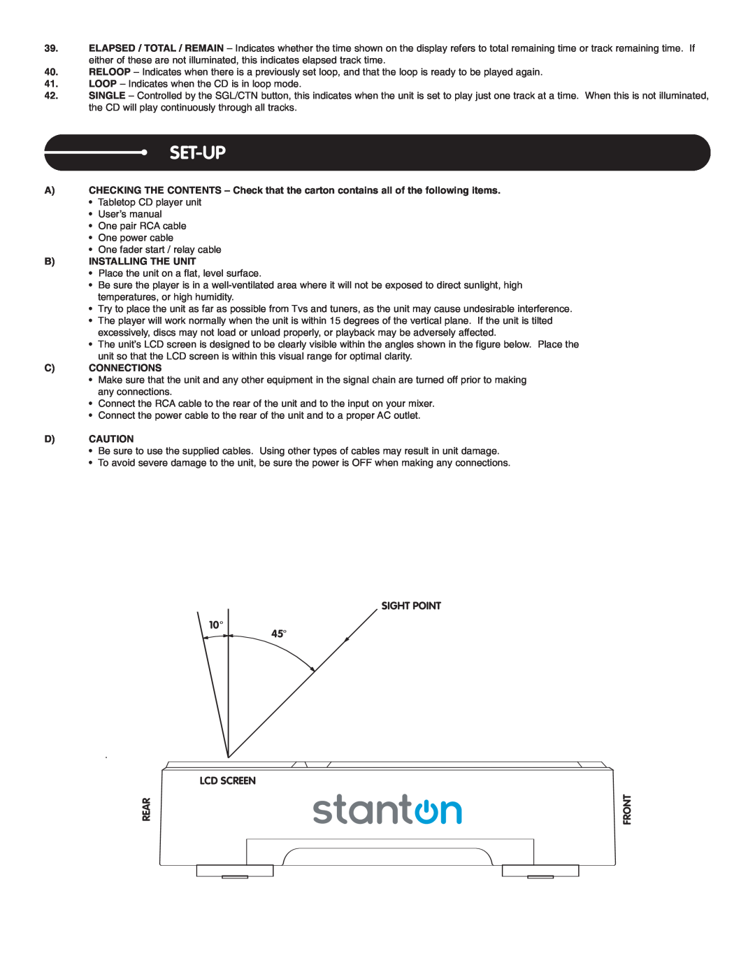 Stanton C.303 manual Set-Up, Binstalling The Unit, Cconnections, Dcaution 