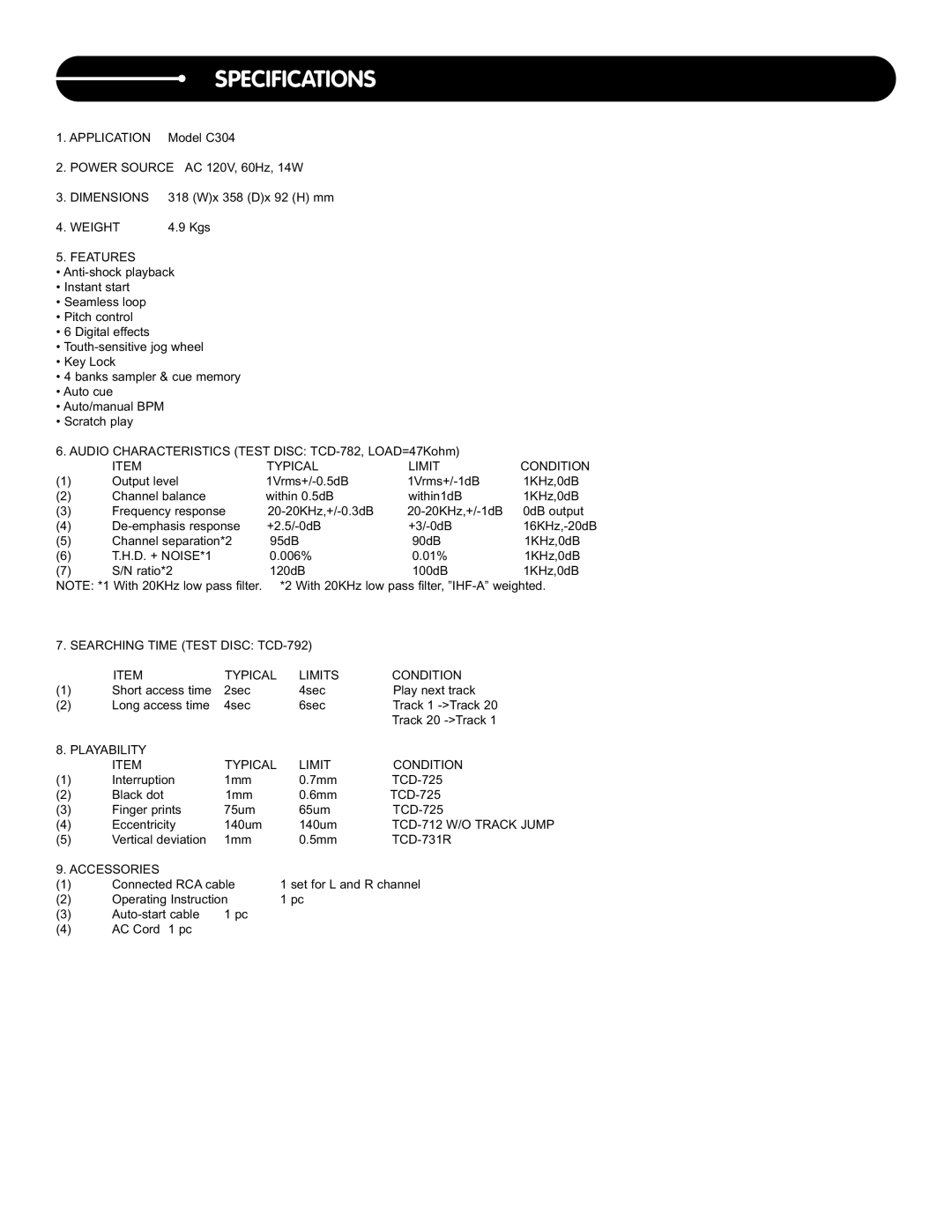 Stanton C.304 manual Specifications 