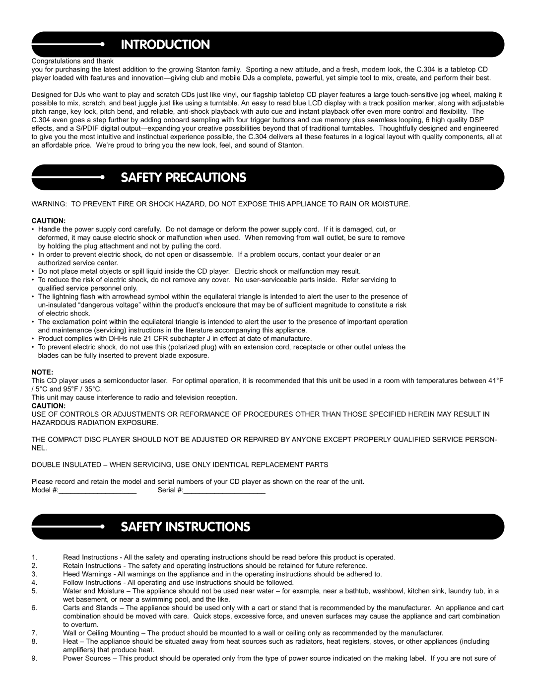 Stanton C.304 manual Introduction, Safety Precautions, Safety Instructions 