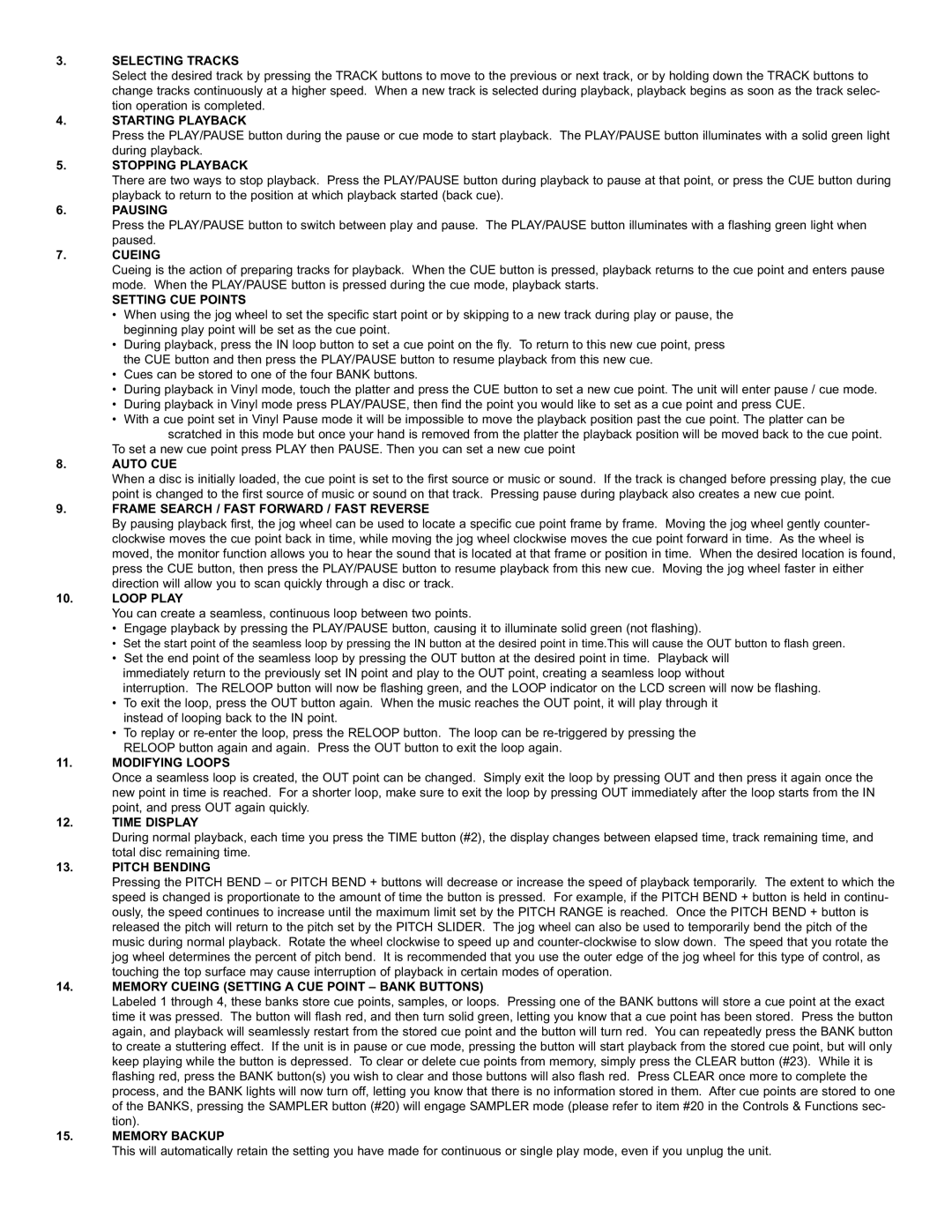 Stanton C.304 manual Selecting Tracks, Starting Playback, Stopping Playback, Pausing, Cueing, Setting CUE Points, Auto CUE 