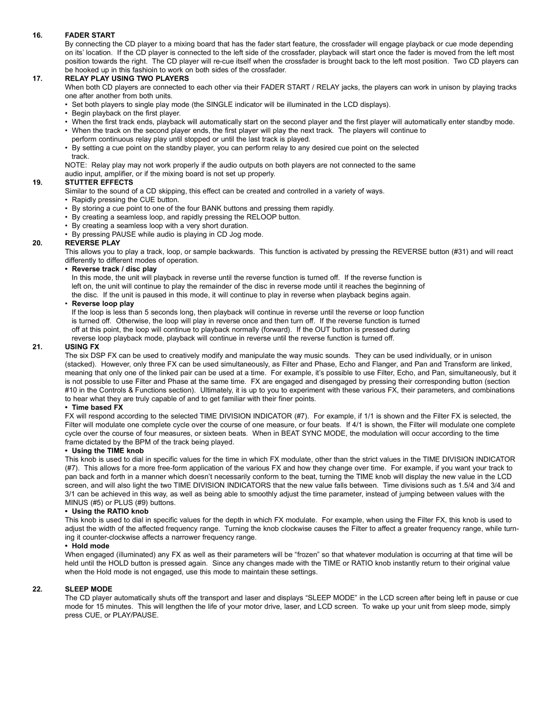 Stanton C.304 manual Fader Start, Relay Play Using TWO Players, Stutter Effects, Reverse Play, Using FX, Sleep Mode 