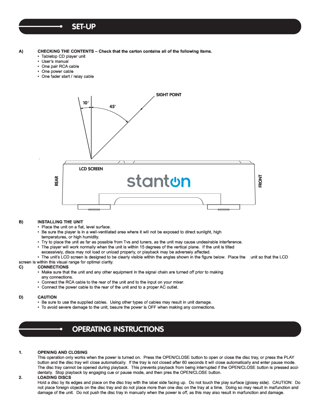 Stanton C.304 manual Set-Up, Operating Instructions, Installing The Unit, Connections, Dcaution, Opening And Closing 