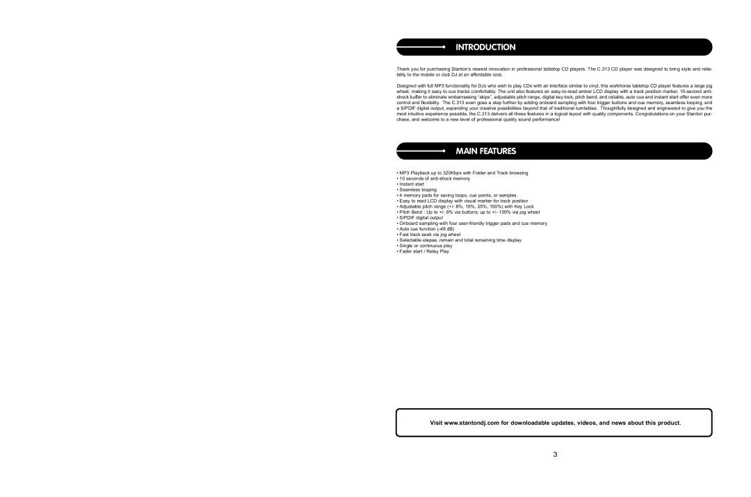 Stanton C.313 user manual Introduction, Main Features 