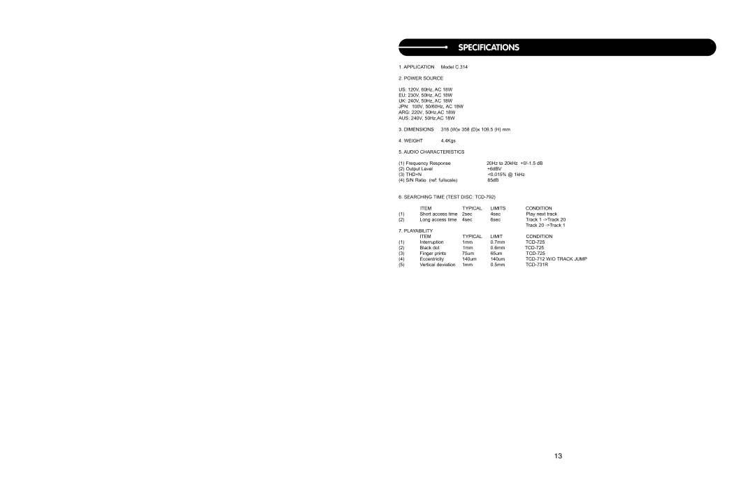 Stanton C.314 user manual Specifications, Power Source 