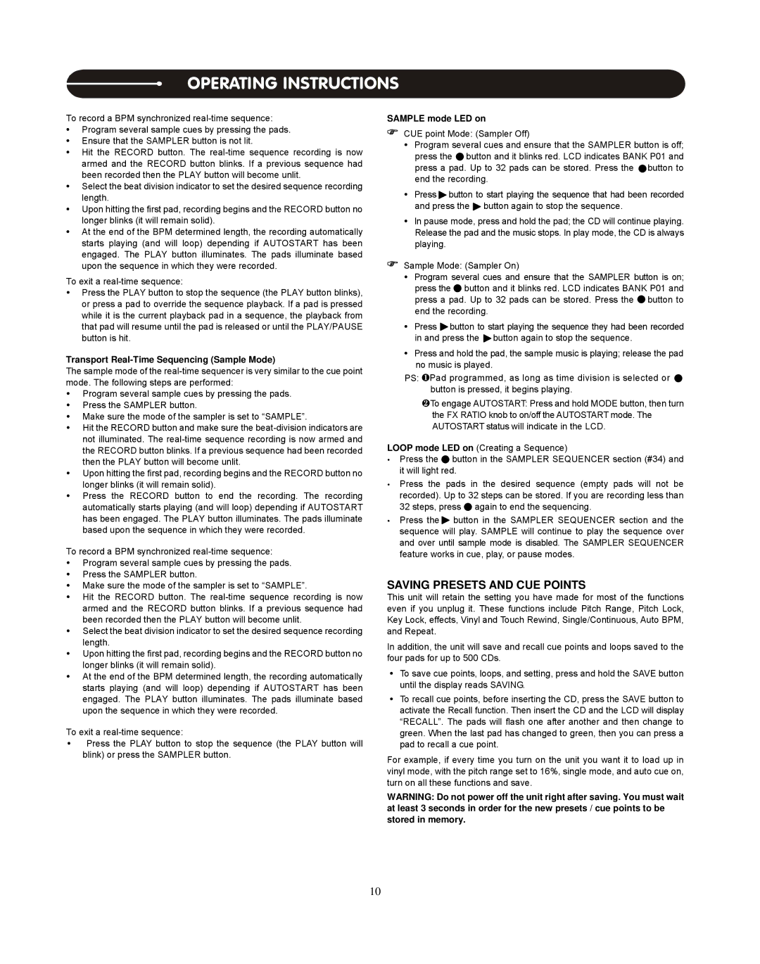 Stanton C.324 user manual Saving Presets and CUE Points, Transport Real-Time Sequencing Sample Mode, Sample mode LED on 