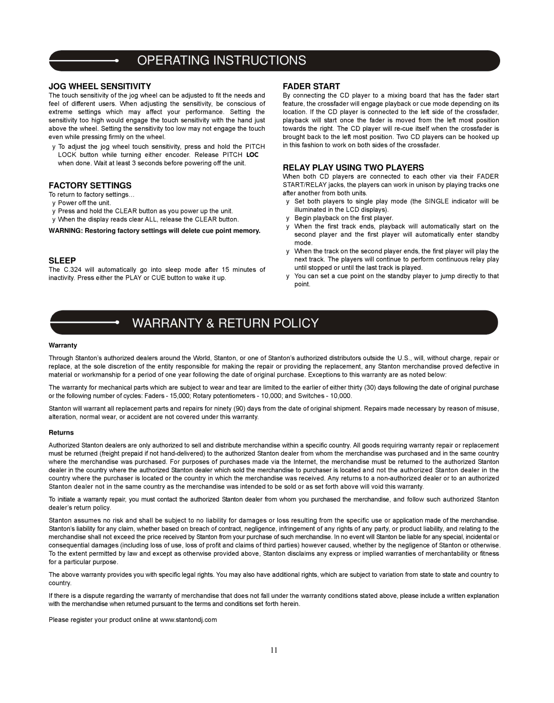 Stanton C.324 user manual Warranty & Return Policy 