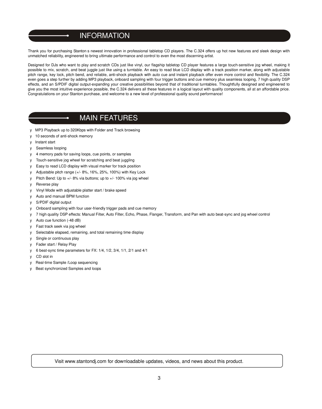 Stanton C.324 user manual Information, Main Features 