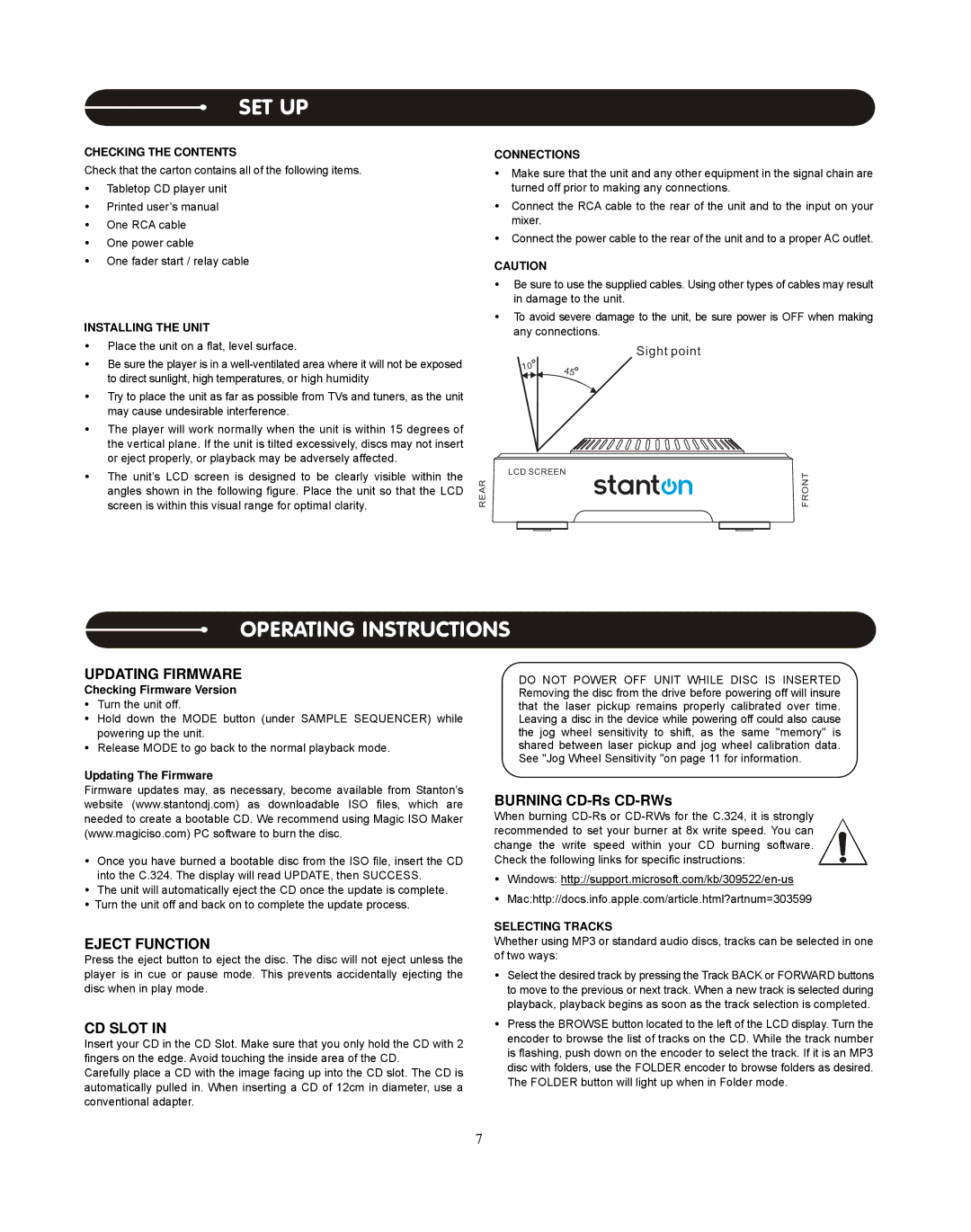 Stanton C.324 user manual Set Up, Operating Instructions, Updating Firmware, Eject Function, CD Slot 