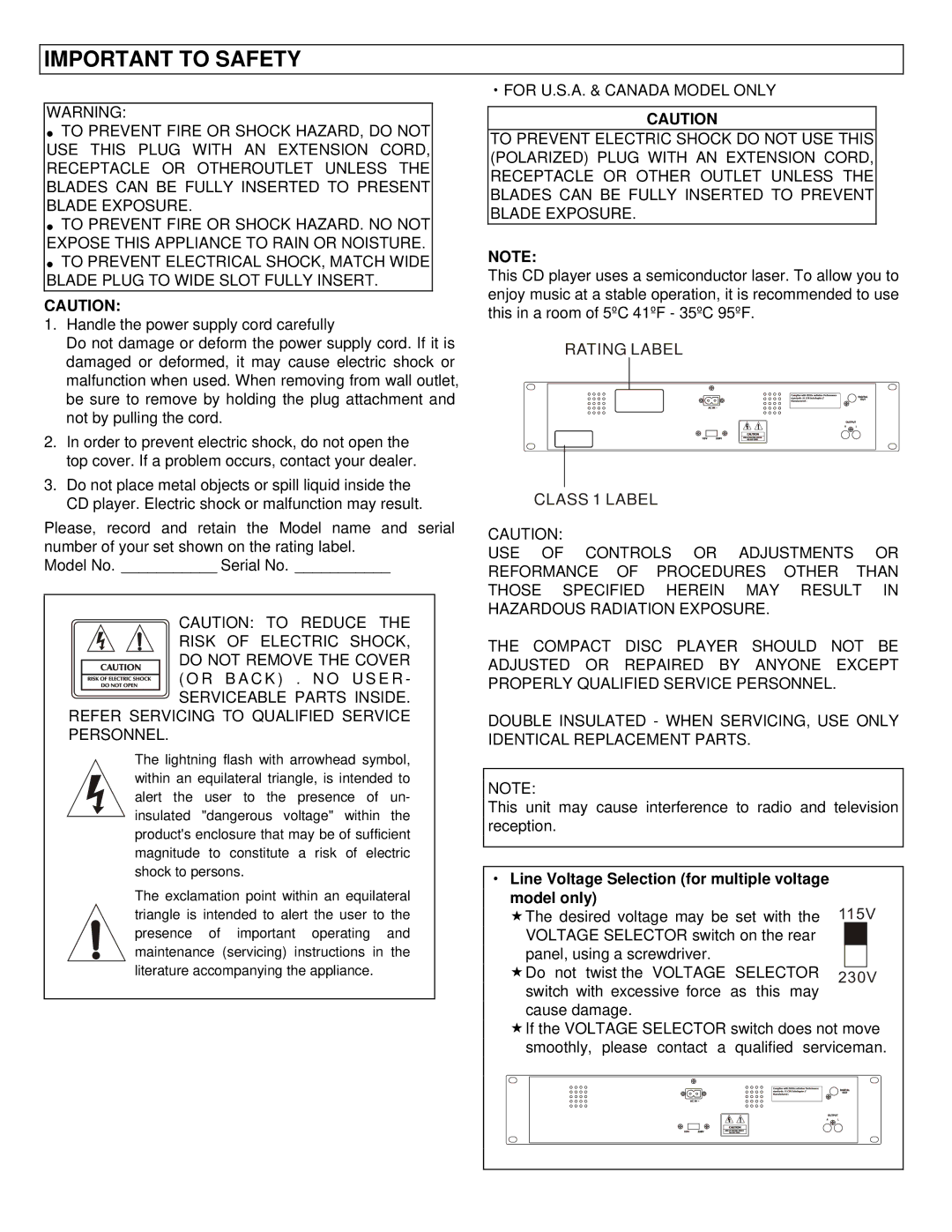 Stanton C.400 user manual Important to Safety, Rating Label Class 1 Label 