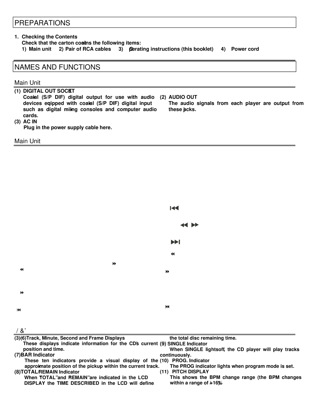 Stanton C.400 user manual Preparations, Names and Functions, Main Unit 