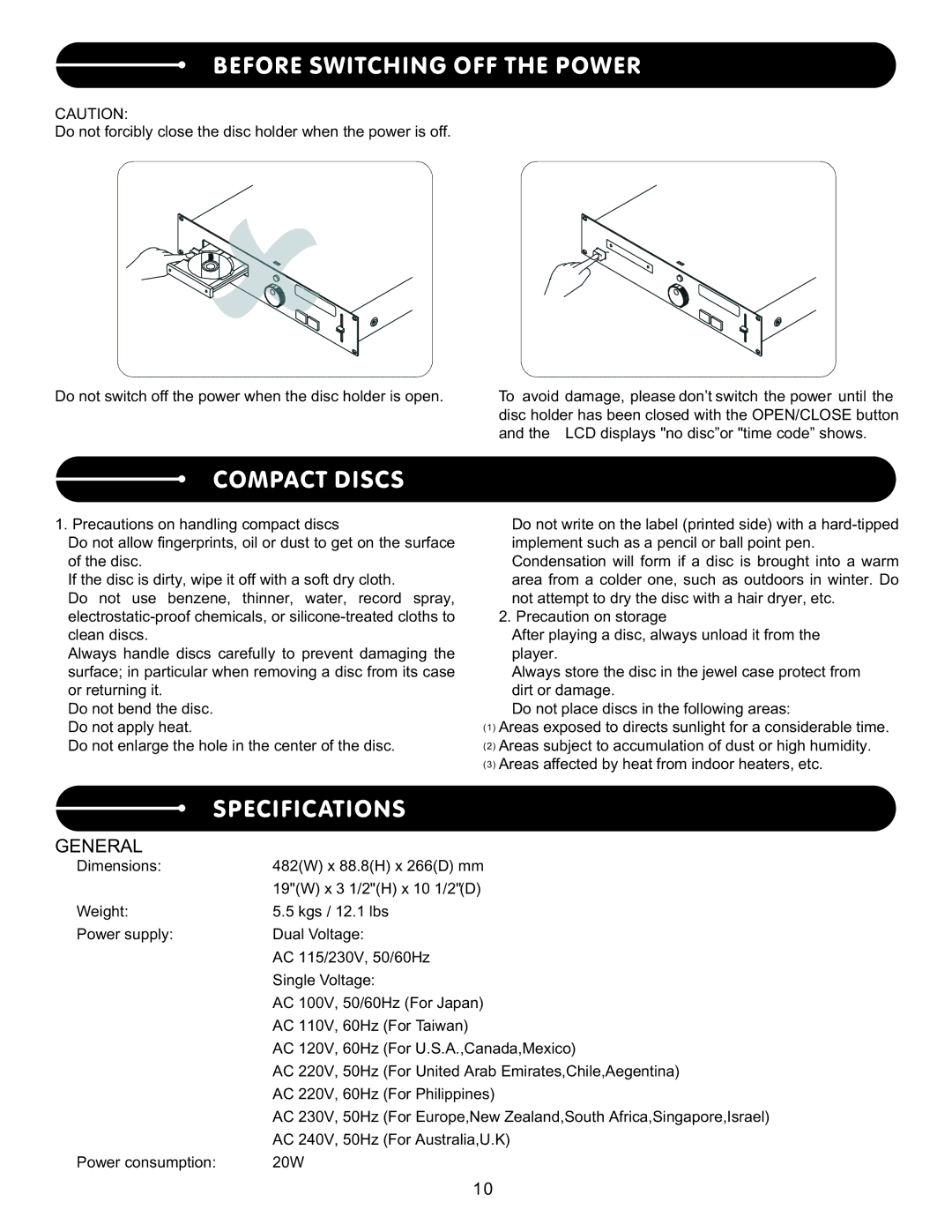 Stanton C.402 user manual Before Switching OFF the Power, Compact Discs, Specifications 