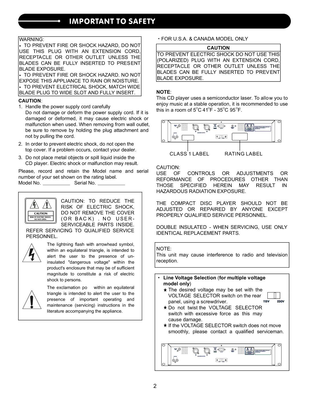 Stanton C.402 user manual Important to Safety, Line Voltage Selection for multiple voltage model only 