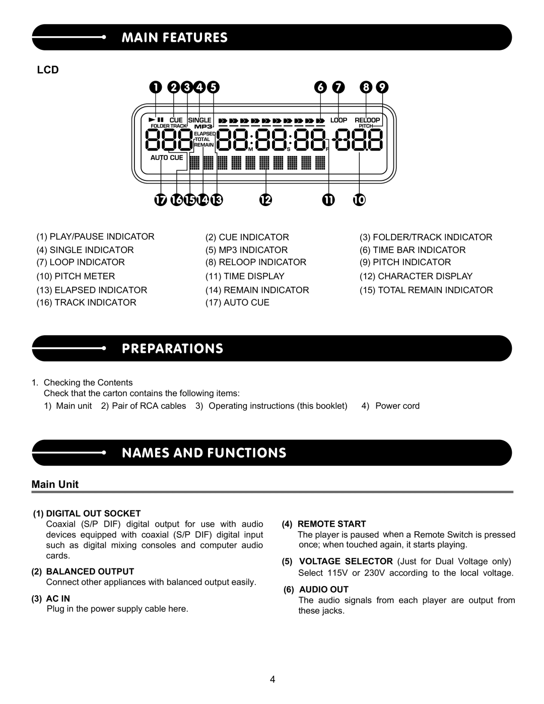 Stanton C.402 user manual Preparations, Names and Functions, Main Unit 