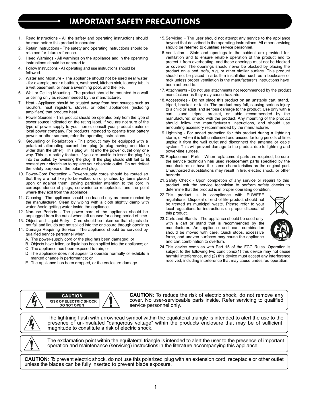 Stanton C.402 user manual Important Safety Precautions, Risk Of Electric Shock Do Not Open 
