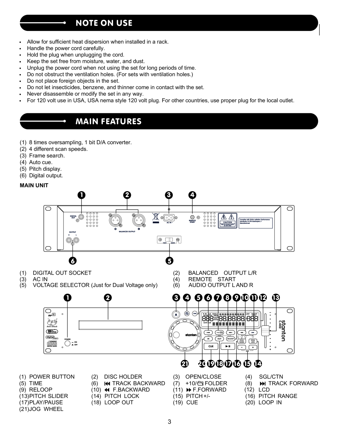 Stanton C.402 user manual Note On Use, Main Features, 9 10, Main Unit 