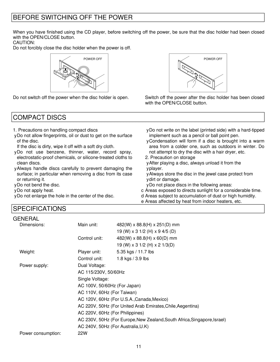 Stanton C.501 user manual Before Switching OFF the Power, Compact Discs, Specifications 