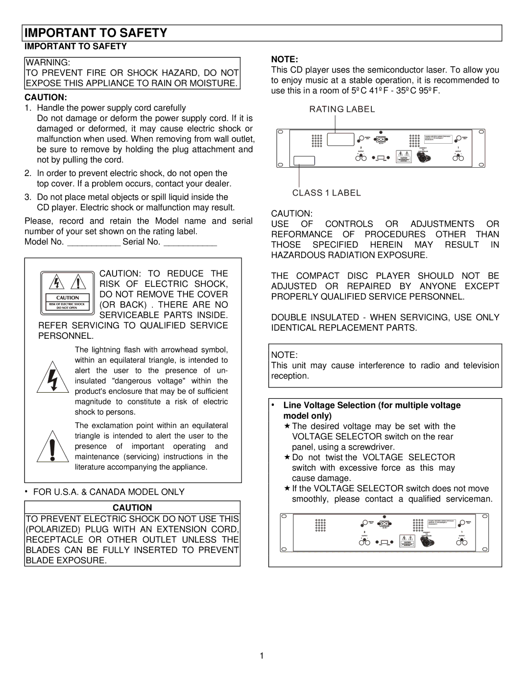 Stanton C.501 user manual Important to Safety, Refer Servicing to Qualified Service Personnel 