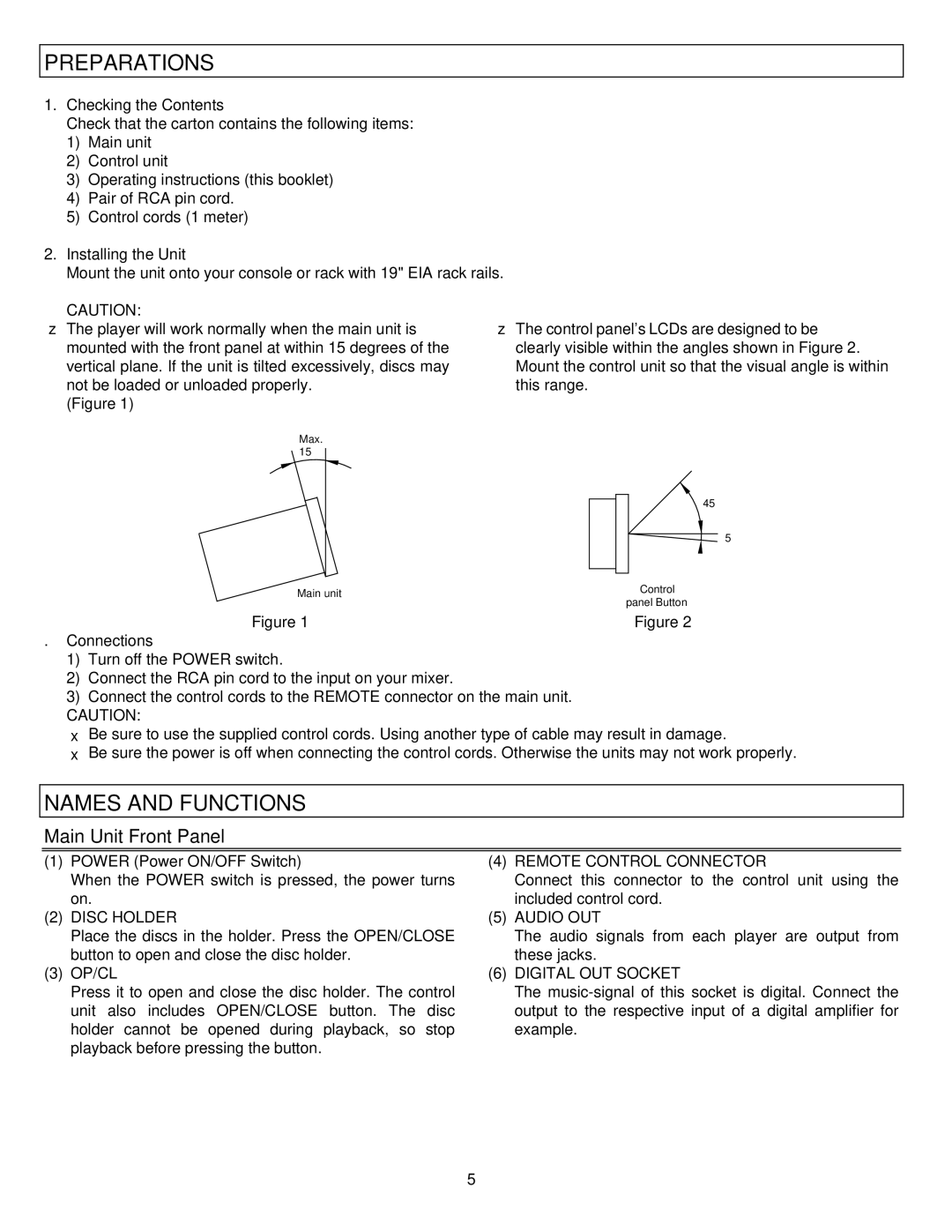 Stanton C.501 user manual Preparations, Names and Functions, Main Unit Front Panel, Audio OUT 