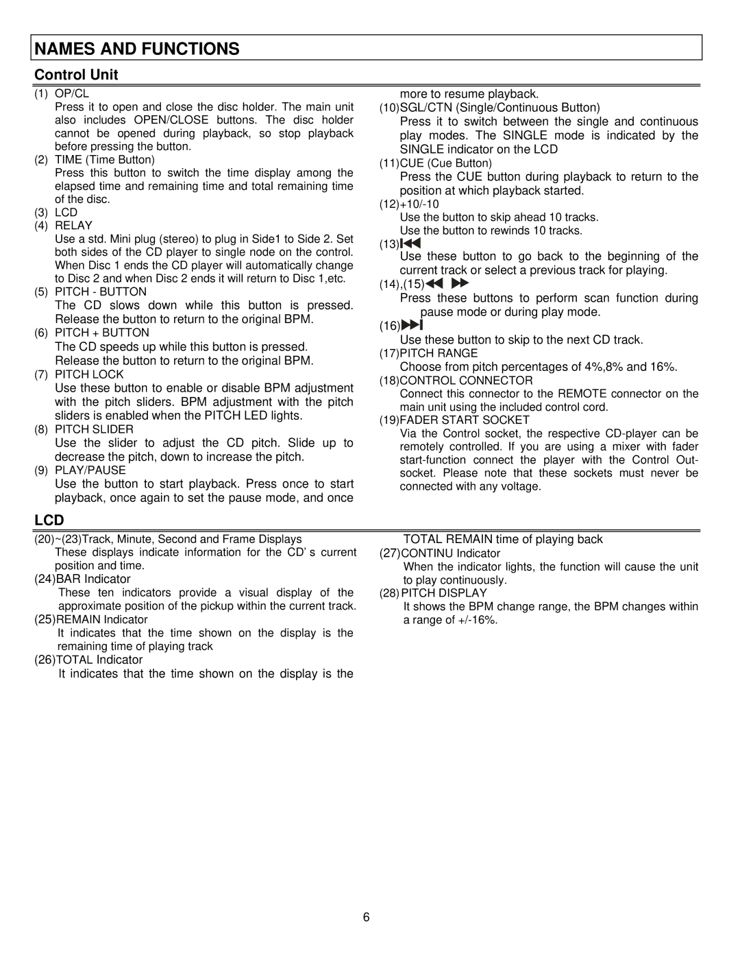 Stanton C.501 user manual Control Unit 