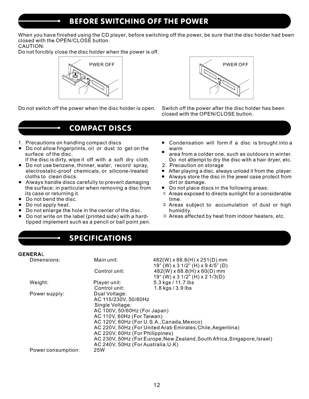 Stanton C.502 user manual Before Switching OFF the Power, Compact Discs, Specifications, General 