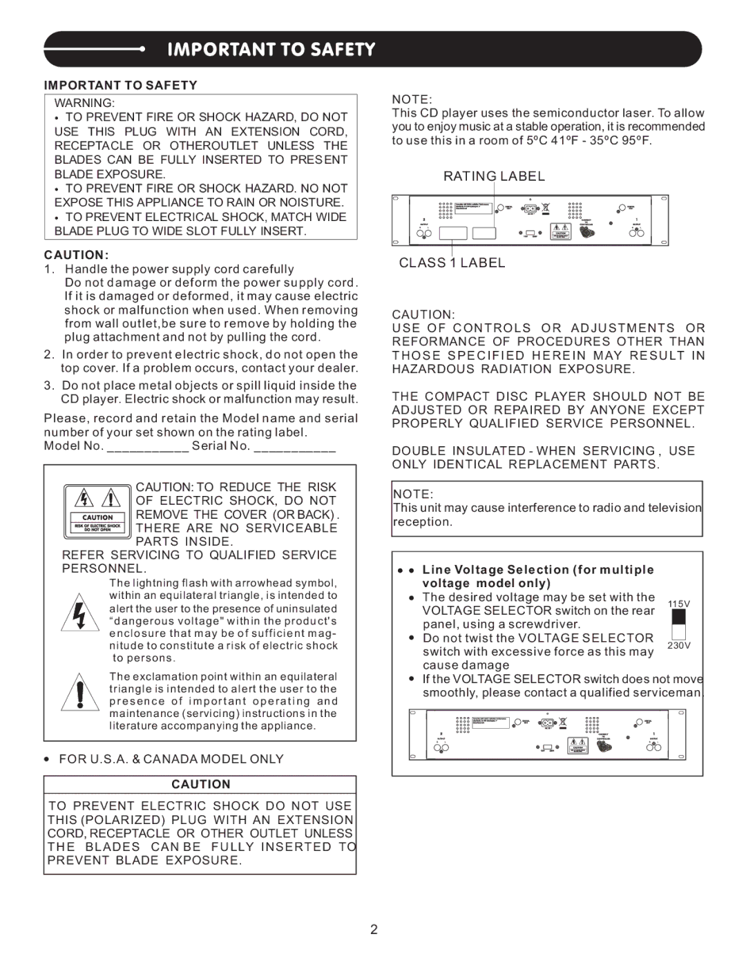 Stanton C.502 user manual Important to Safety, Line Voltage Selection for multiple voltage model only 