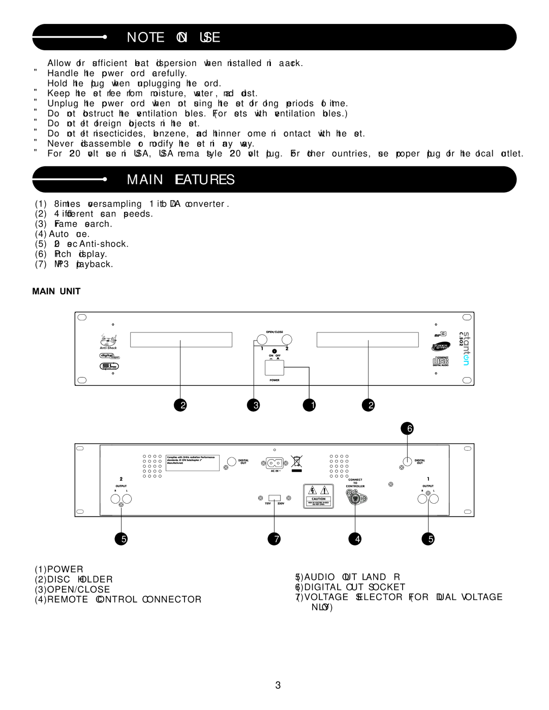 Stanton C.502 user manual Main Features, Main Unit 